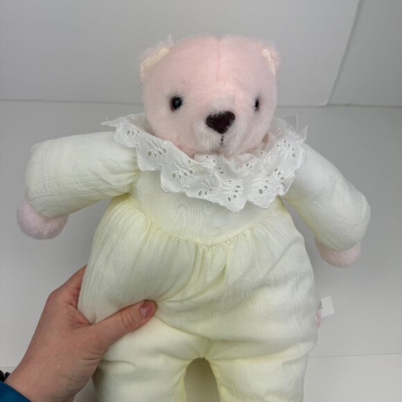 Vtg Puffy Teddy Bear Pink Plush White Yellow Outfit Parachute Body Nylon w Lace - Picture 9 of 9